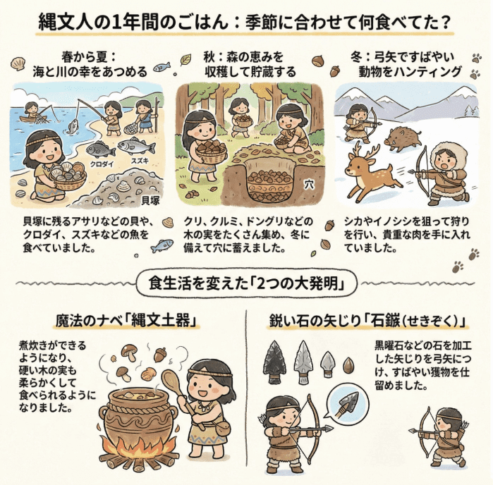 縄文時代の1年間の食生活を説明する図解イラスト