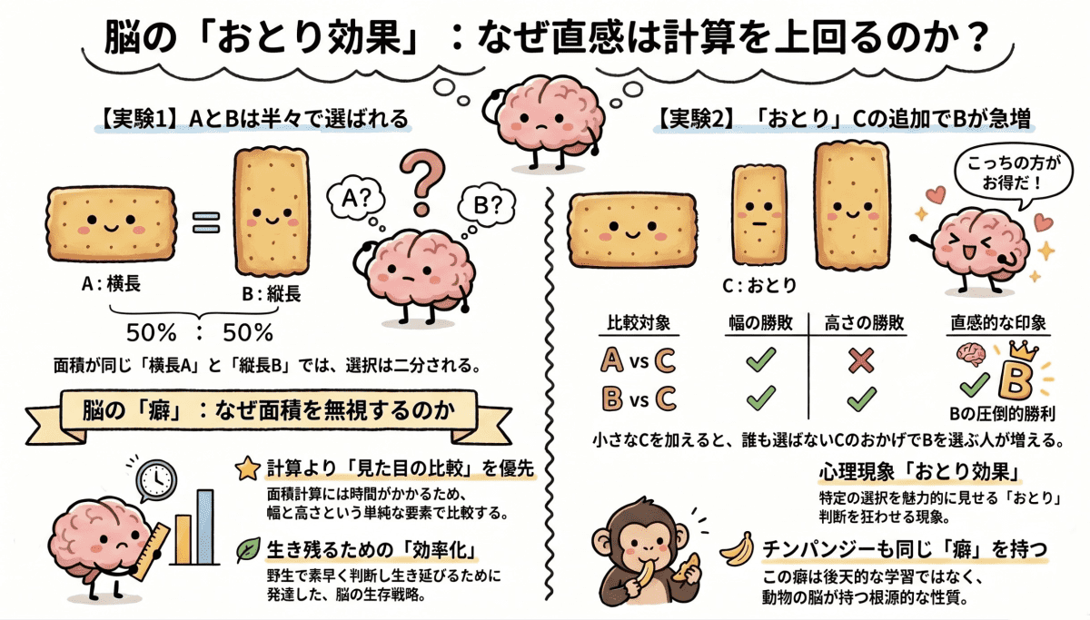 池谷裕二『自分の脳を知っていますか』のクッキーの実験「おとり効果」の比較図のイラスト