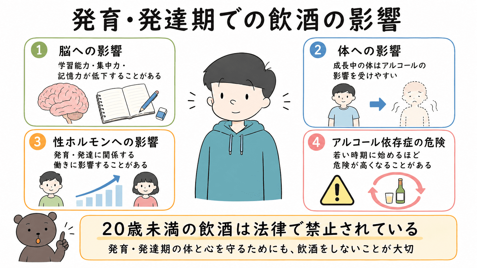 発育・発達期の飲酒が脳や体に影響し、学習能力・集中力・記憶力の低下やアルコール依存症の危険につながること、20歳未満の飲酒は禁止されていることを示した図解