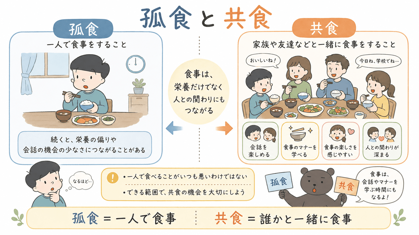 一人で食事をする孤食と、家族や友達などと一緒に食事をする共食の違いを示し、共食では会話や食事のマナーを学ぶ機会があることを示した図解。