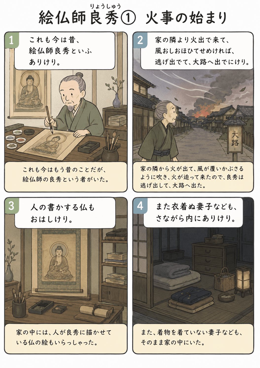 宇治拾遺物語「絵仏師良秀」の導入と、隣家から火が出て良秀が大路へ逃げる場面を描いた教育漫画
