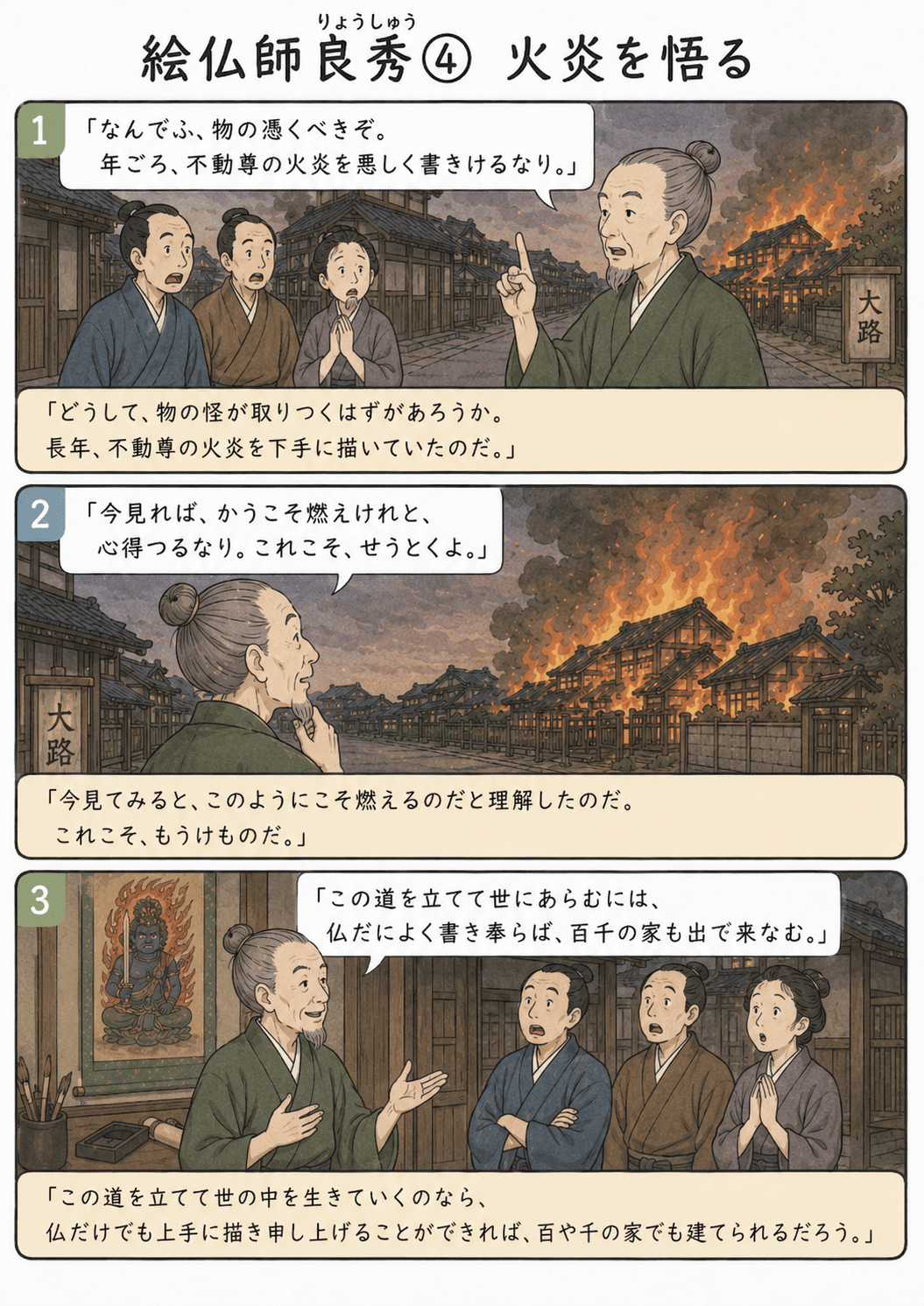 宇治拾遺物語「絵仏師良秀」で、良秀が不動尊の火炎はこのように燃えるのだと悟り、これこそせうとくよと語る場面を描いた教育漫画