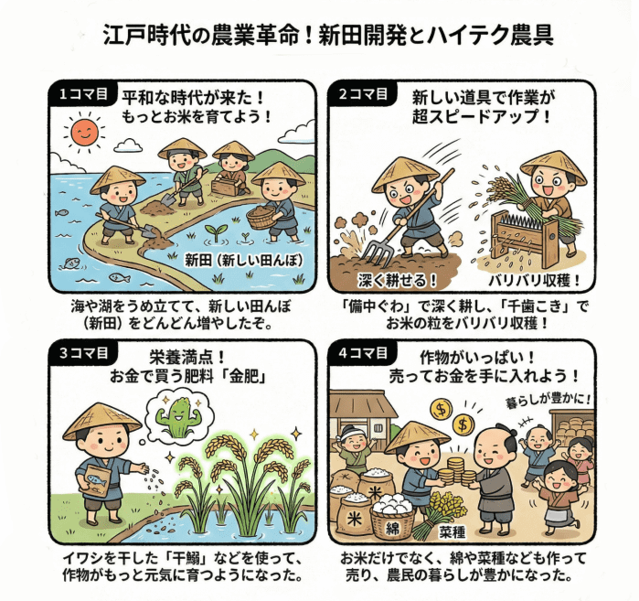 江戸時代の新田開発と農業革命について説明する4コマ漫画