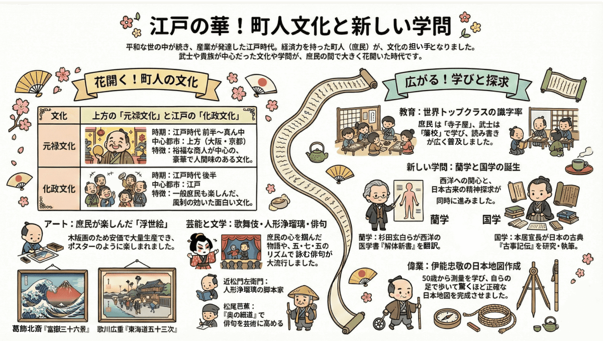 日本の江戸時代の超人文化と新しい学問について説明する図解インフォグラフィック