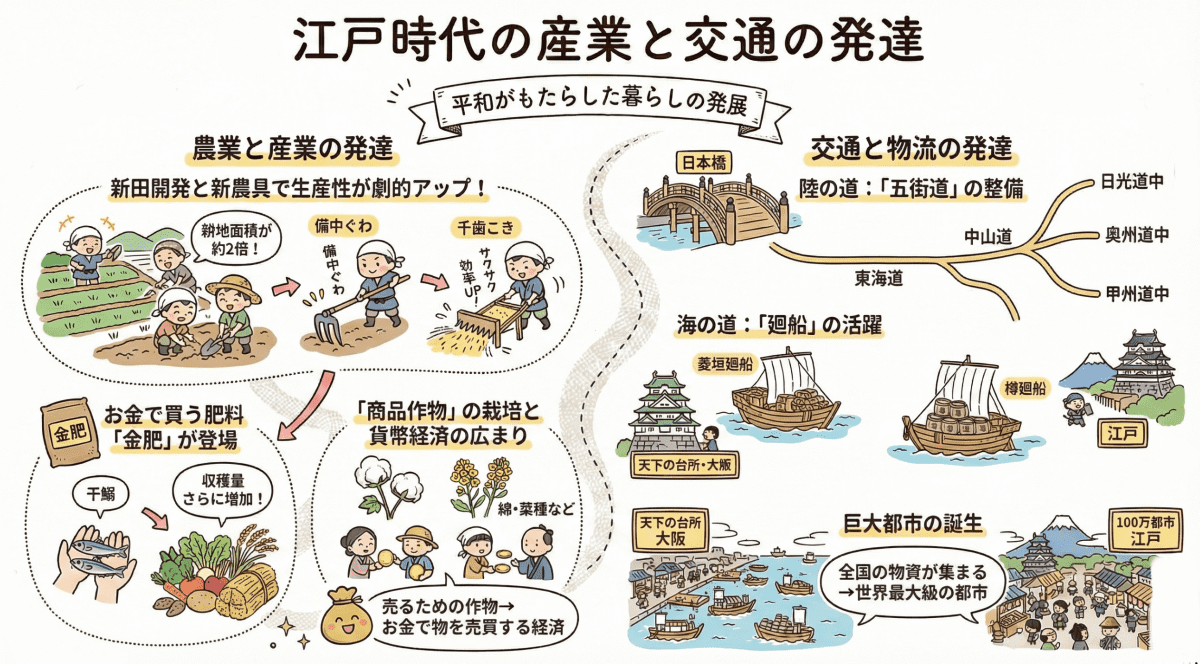 江戸時代の産業と交通の発達を説明する図解インフォグラフィック