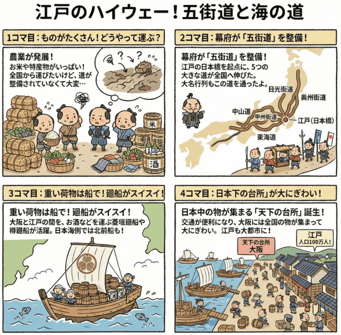 江戸時代の五街道と海の道について説明する4コマ漫画