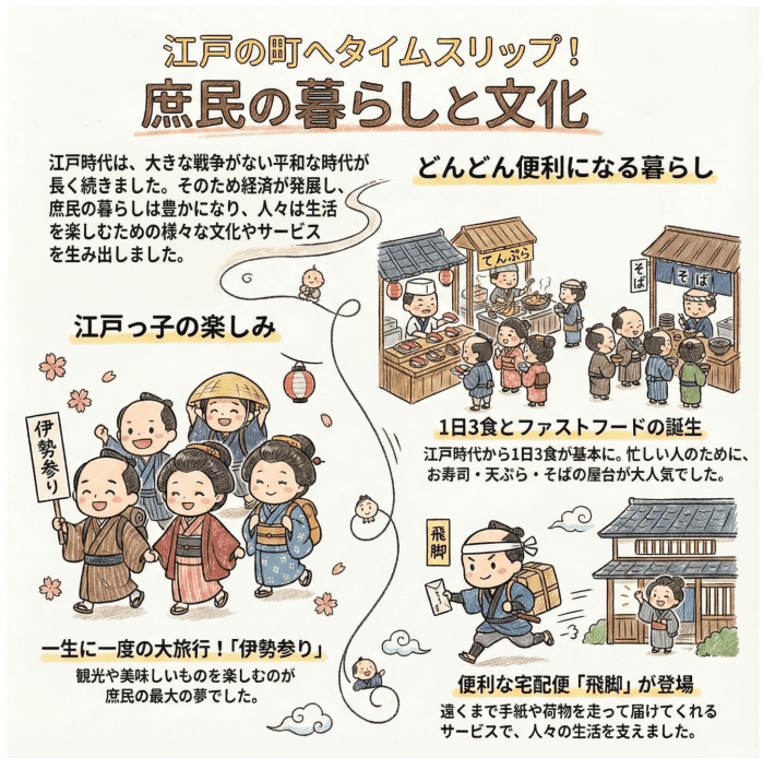 江戸時代の庶民の暮らしについて説明する4コマ漫画