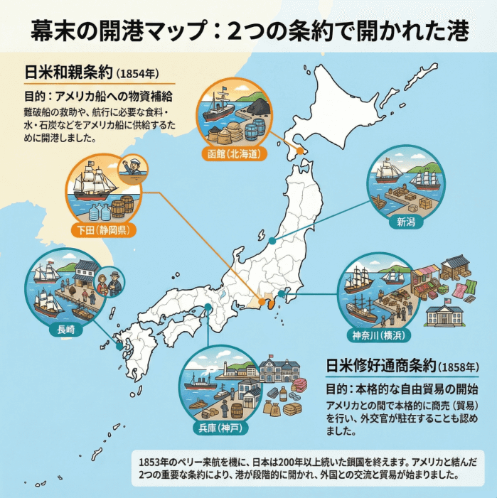 日米和親条約と日米修好通商条約で開港された港の位置について説明する図解イラスト