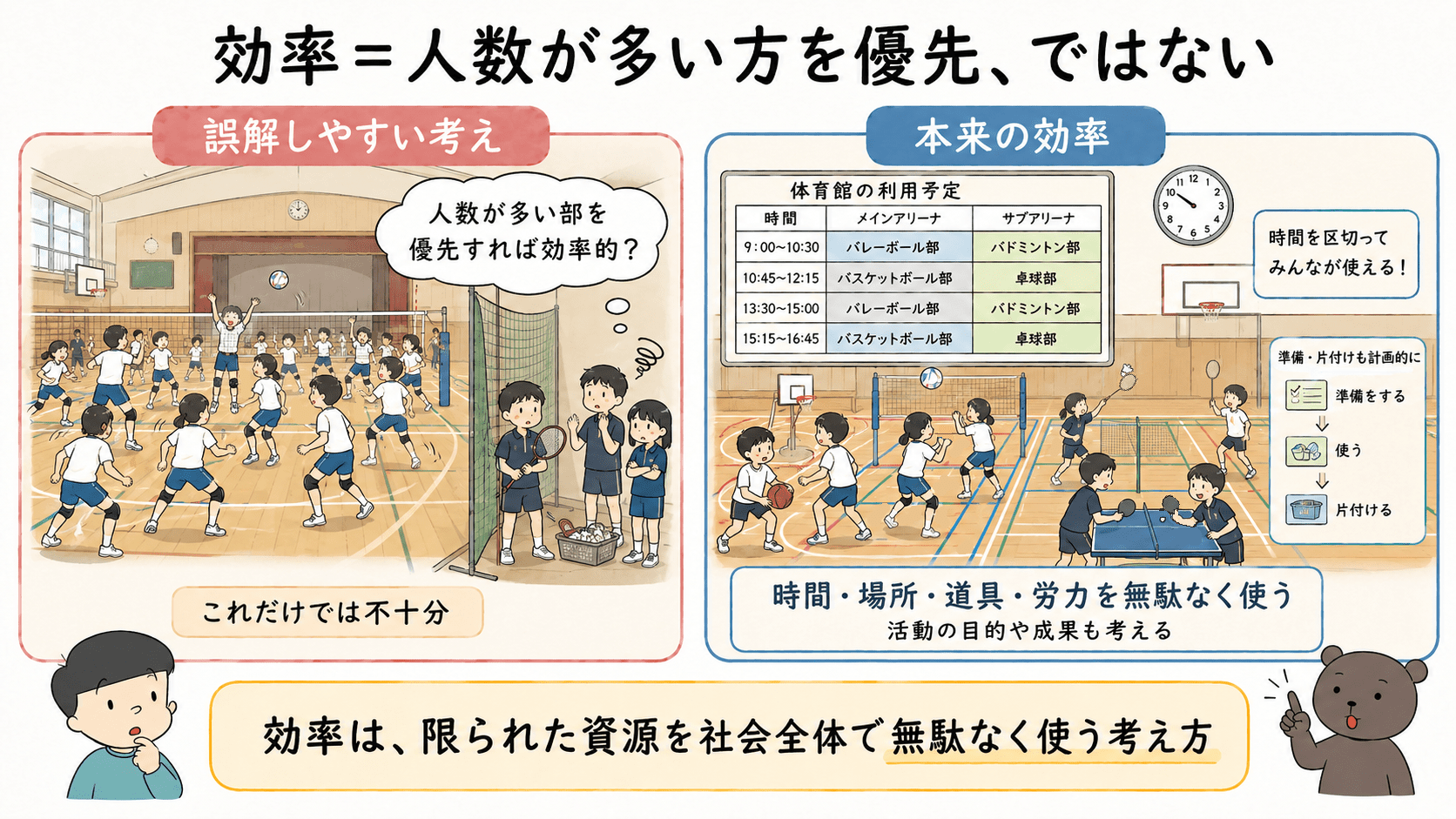 効率は人数の多い側を優先することではなく、限られた時間や場所などの資源を無駄なく使い活動の成果を高める考え方であることを示した図