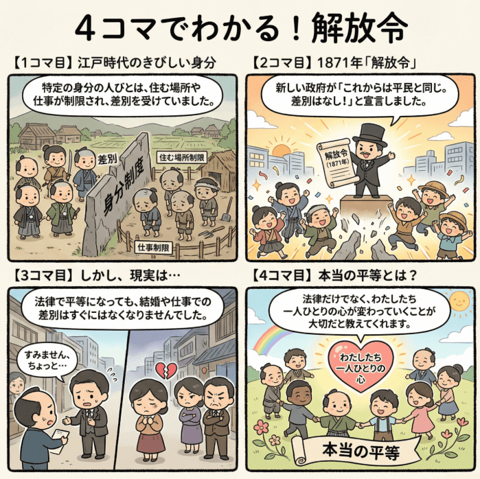 明治時代の解放令について説明する4コマ漫画