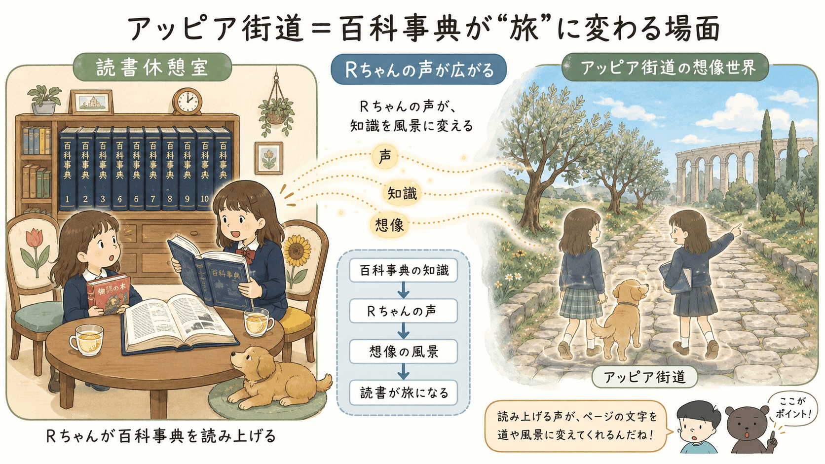 Rちゃんが百科事典のアッピア街道を読み上げることで、読書休憩室にいる私とベベの想像が遠い古代ローマの道へ広がっていく様子を表した図解。
