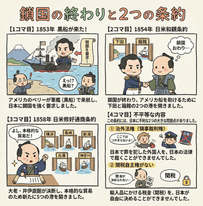 江戸時代の鎖国の終わりについて説明する4コマ漫画