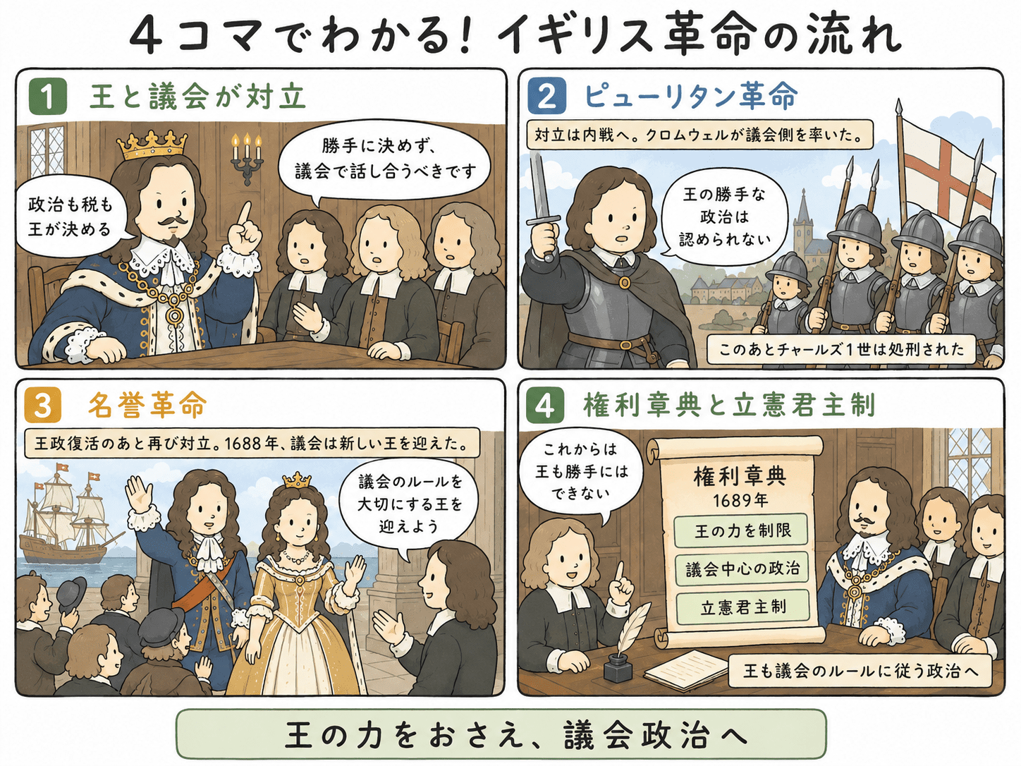 中学生向け歴史記事に使う、やさしくてわかりやすい教育用四コマ漫画を作成してください。 テーマは 「4コマでわかる！アメリカ独立革命の流れ」 です。 目的は、 中学歴史で学ぶ「アメリカ独立革命」について、 文章だけではわかりにくい 「13植民地 &rarr; イギリス本国による課税 &rarr; 代表なくして課税なし &rarr; ボストン茶会事件 &rarr; 独立宣言 &rarr; アメリカ合衆国の成立」 の流れを、 中学生が四コマで直感的に理解できるようにすることです。 漫画は4コマ構成にしてください。 読み順が明確であれば、上から下への縦長4コマでも、2&times;2配置でもかまいません。 記事に入れやすく、見やすい比率にしてください。 全体上部にタイトルとして、 「4コマでわかる！アメリカ独立革命の流れ」 と入れてください。 テイストは「ゆみねこの教科書」らしく、 ・手描き風 ・ベタ塗り ・シンプル ・素朴で親しみやすい ・やさしいくすみ系パステルカラー ・線はやわらかい黒線 ・装飾は少なめ ・教育向けで見やすい ・背景は白またはごく薄いクリーム色 ・人物の表情はわかりやすく ・こわすぎない ・暴力的にしすぎない にしてください。 各コマには、短い見出しまたはキャプションをつけてください。 本文や吹き出しの文字数は多すぎないようにし、 中学生がひと目で理解できる量にしてください。 【コマ1】 見出し： 「13植民地とイギリス本国」 内容： 18世紀の北アメリカ東海岸にあるイギリスの13植民地を表す場面を描いてください。 港町に暮らす植民地の人々と、遠くのイギリス本国から命令や税の知らせが届いている様子をわかりやすく表現してください。 キャプション例： 「北アメリカの13植民地は、イギリス本国の支配を受けていた。」 吹き出し例： 植民地の人 「ここで暮らしているのに、政治は本国が決めるの？」 歴史考証： ・舞台は18世紀の北アメリカ東海岸の港町 ・木造の家、木造の埠頭、木箱、樽、帆船を描く ・道は土の道または簡素な石畳 ・人々は18世紀風の服装にする ・男性は三角帽子（トリコーンハット）、ひざ丈ズボン、長い靴下、ベスト、コート ・女性を描く場合は、長いスカート、エプロン、ボンネット風の帽子 ・船は木造帆船にし、蒸気船や近代船は描かない ・現代の高層ビル、電柱、自動車、アスファルト道路は入れない 【コマ2】 見出し： 「代表なくして課税なし」 内容： イギリス本国が植民地に税をかけ、植民地の人々が反発している場面を描いてください。 「税の知らせ」や「課税」の紙を持った役人と、それを見て不満を持つ植民地の人々を描いてください。 植民地の人々が、イギリス議会に自分たちの代表を送っていないのに税をかけられることへ不満を持っていると伝わる構図にしてください。 吹き出し例： イギリス側の役人 「本国の決定です。税を払ってください」 植民地の人 「代表なくして課税なし！」 キャプション例： 「代表がいない議会で決められた税に、植民地の人々は反発した。」 歴史考証： ・イギリス側の役人は18世紀イギリス風の赤系の上着、白いかつら風の髪型、三角帽子など ・植民地の人々は町の商人や職人のような服装 ・机の上に羊皮紙風の文書、羽ペン、インク壺、税の通知書を置く ・現代の税務署、現代のスーツ、現代の紙幣やパソコンは描かない ・文字は「税」「代表なくして課税なし」など、短く読みやすくする 【コマ3】 見出し： 「ボストン茶会事件」 内容： 1773年のボストン茶会事件を教育用にわかりやすく描いてください。 夜または夕方のボストン港で、植民地の人々が木造帆船に積まれた茶箱を海に投げ入れて抗議している場面にしてください。 ただし、暴力的・過激に描かず、「税への抗議行動」として理解できる落ち着いた教育漫画にしてください。 キャプション例： 「1773年、茶への課税に反発した人々が、茶箱を海に投げ捨てた。」 吹き出し例： 植民地の人 「勝手な課税には反対だ！」 歴史考証： ・舞台は18世紀のボストン港 ・木造の帆船、埠頭、ロープ、樽、木箱、茶箱を描く ・茶箱には「TEA」または「茶」と小さく書いてもよい ・海に投げ入れるのは茶箱であり、現代の段ボール箱ではなく木箱にする ・人々は18世紀風の服装 ・三角帽子、コート、ベスト、ひざ丈ズボン、長い靴下 ・船は帆船にし、蒸気船やエンジン船にしない ・現代の星条旗や50州の国旗を大きく描かない ・血や武器による戦闘描写は入れない ・顔をこわくしすぎず、抗議の場面として描く 【コマ4】 見出し： 「独立宣言とアメリカ合衆国」 内容： 1776年のアメリカ独立宣言と、その後のアメリカ合衆国の成立につながる場面を描いてください。 室内で代表者たちが机を囲み、独立宣言の文書に署名している様子を描いてください。 近くにワシントンを、独立戦争を率いた人物として小さく入れてもよいです。 最後に「自由・平等・権利」「アメリカ合衆国へ」という流れがわかるようにしてください。 キャプション例： 「1776年、独立宣言を発表。自由・平等・権利の考え方が示された。」 吹き出し例： 代表者 「自分たちの国をつくろう」 説明役 「のちにアメリカ合衆国が成立するよ」 歴史考証： ・室内は18世紀の会議室風 ・木の長机、羽ペン、インク壺、羊皮紙風の文書を描く ・文書には「独立宣言 1776年」と短く書く ・代表者たちは18世紀風の服装 ・白いかつら風の髪型、三角帽子を机の上に置く、長い上着、ベストなど ・ワシントンを描く場合は、18世紀の軍人として、青系統の独立軍の制服、三角帽子または当時の軍帽、白いかつら風の髪型にする ・現代のスーツ、ネクタイ、ボールペン、マイク、プロジェクターは入れない ・現代の50州の星条旗を大きく描かない ・旗を入れる場合は、18世紀初期アメリカを連想させる簡略化された旗として控えめにする 【全体のまとめ】 4コマの最後、または下部に小さくまとめとして、 「税への不満 &rarr; 権利を求める動き &rarr; 独立へ」 という短い流れを入れてください。 【全体の見た目】 ・4コマそれぞれに番号をつける（1〜4） ・コマの見出しは読みやすく大きめ ・セリフは短く、説明文で補う ・中学生が流れをつかみやすいようにする ・人物の顔や服装は、時代感がわかるが、複雑すぎず見やすい形にする ・写実的すぎず、教育用のやさしい漫画にする ・実在の有名絵画や有名な歴史画をそのままコピーしたような構図にはしない 【絶対に避けること】 ・現代のアメリカ国旗を大きく描くこと ・現代の軍服、近代銃、スーツ、ビル、車、電柱、蒸気船を描くこと ・19世紀以降の街並みにすること ・戦闘や暴力を生々しく描くこと ・茶箱を現代の段ボールにすること ・ワシントンを現代の大統領風スーツ姿にすること ・情報量を詰め込みすぎて読みにくくすること