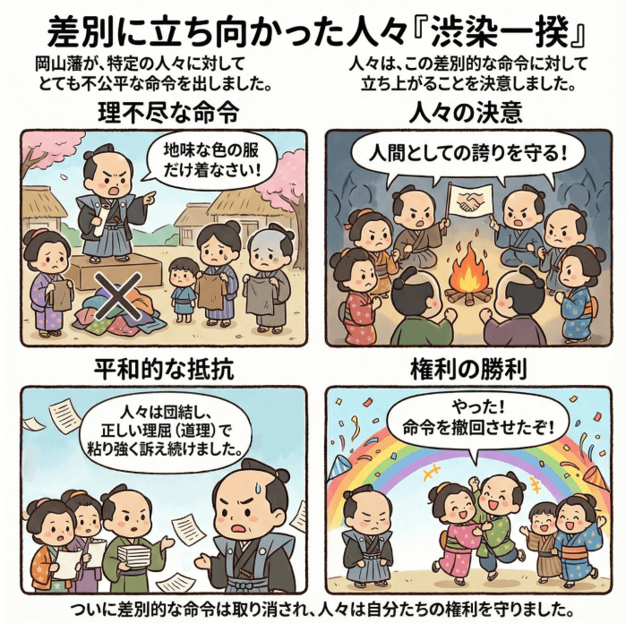 江戸時代の渋染一揆について説明する4コマ漫画