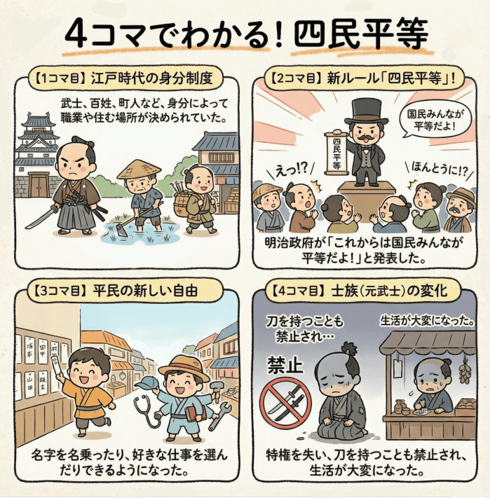 明治時代の四民平等について説明する4コマ漫画