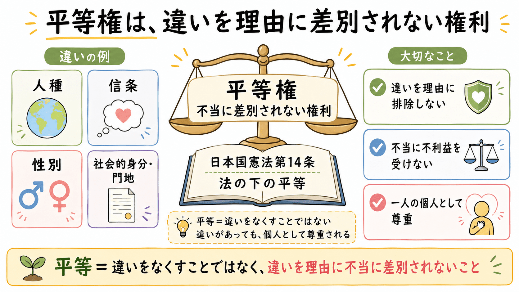 平等権とは、人種、信条、性別、社会的身分、門地などによって不当に差別されない権利であり、一人ひとりを個人として尊重するために大切であることを示した図解