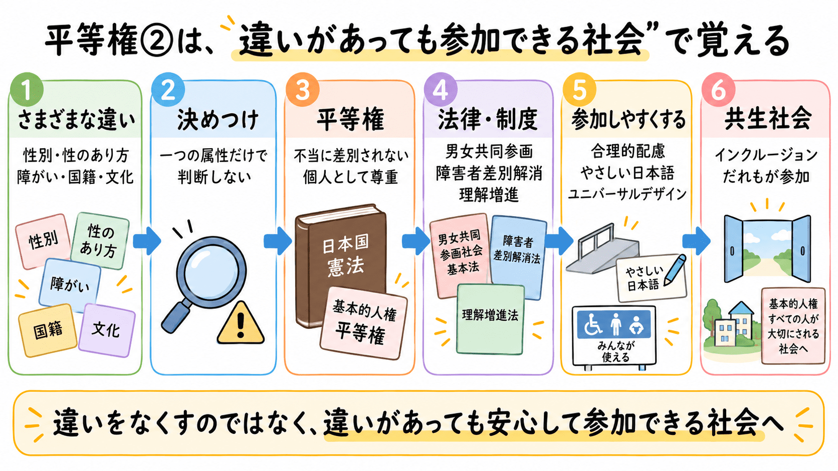 平等権②を、性別・性のあり方・障がい・国籍や文化などの違いを理由に不当に差別されないことから、合理的配慮、在留外国人への理解、インクルージョン、共生社会へつなげて整理した図解