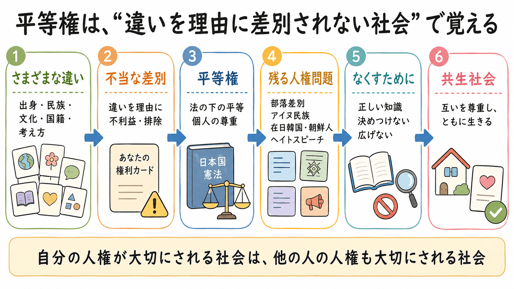 平等権、共生社会、部落差別、アイヌ民族、在日韓国・朝鮮人、ヘイトスピーチを、違いを理由に不当に差別されない社会を目指す流れで整理した図解