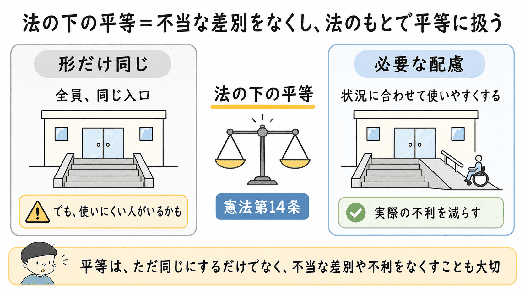 法の下の平等とは、すべての人が法のもとで平等に扱われることであり、必要な配慮がないと形の上では同じでも実際には不利になることがあることを示した図解