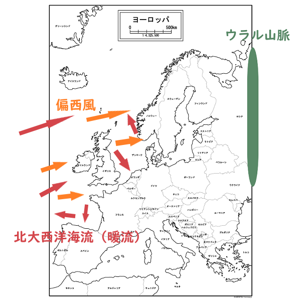 ヨーロッパの偏西風と北大西洋海流の様子の画像