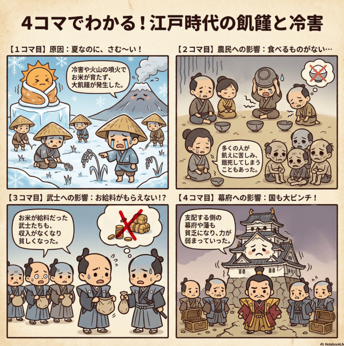 江戸時代の飢饉と冷害について説明する4コマ漫画
