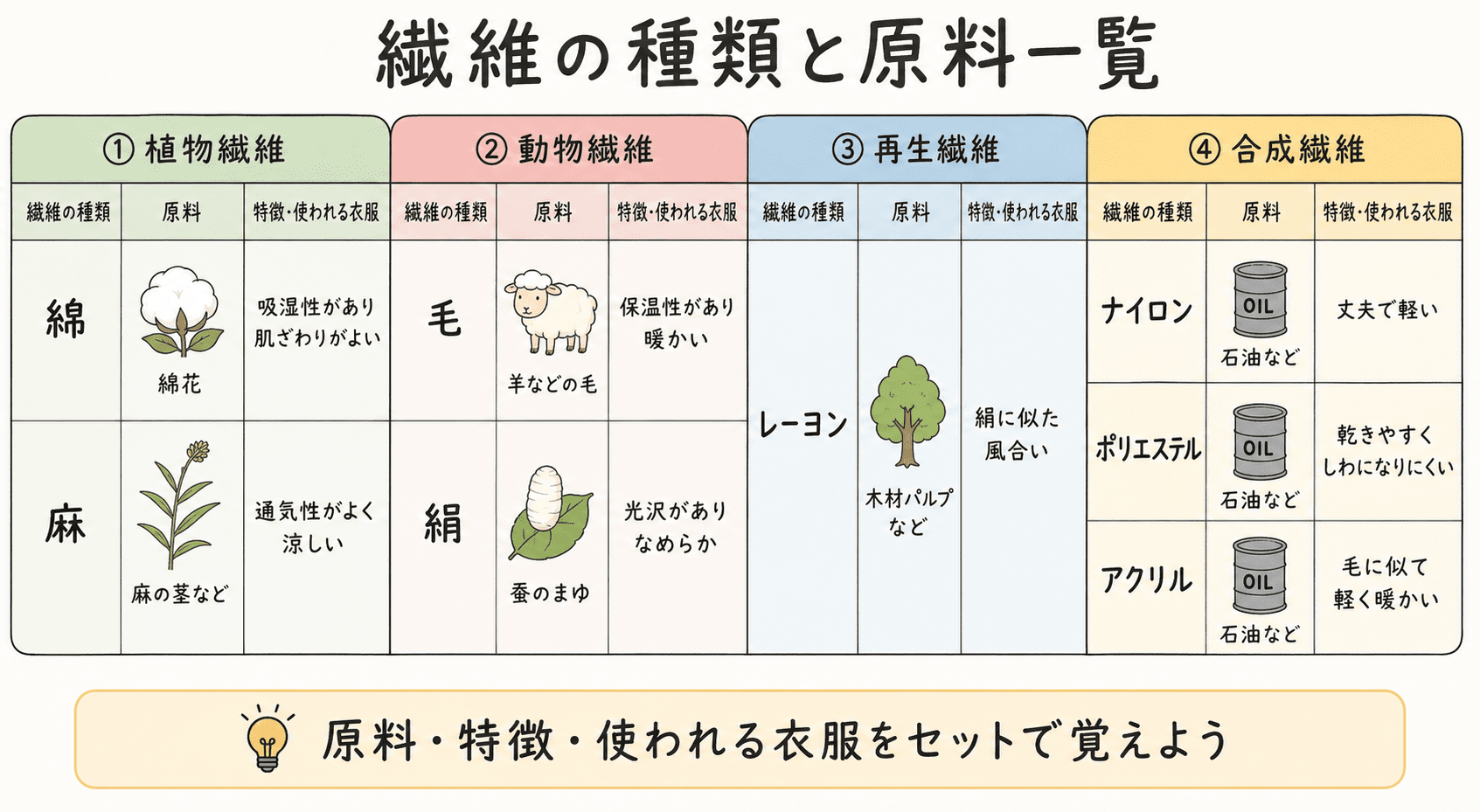 綿・麻・毛・絹・レーヨン・ナイロン・ポリエステル・アクリルの原料と特徴を中学生向けに一覧で整理した家庭科の図解