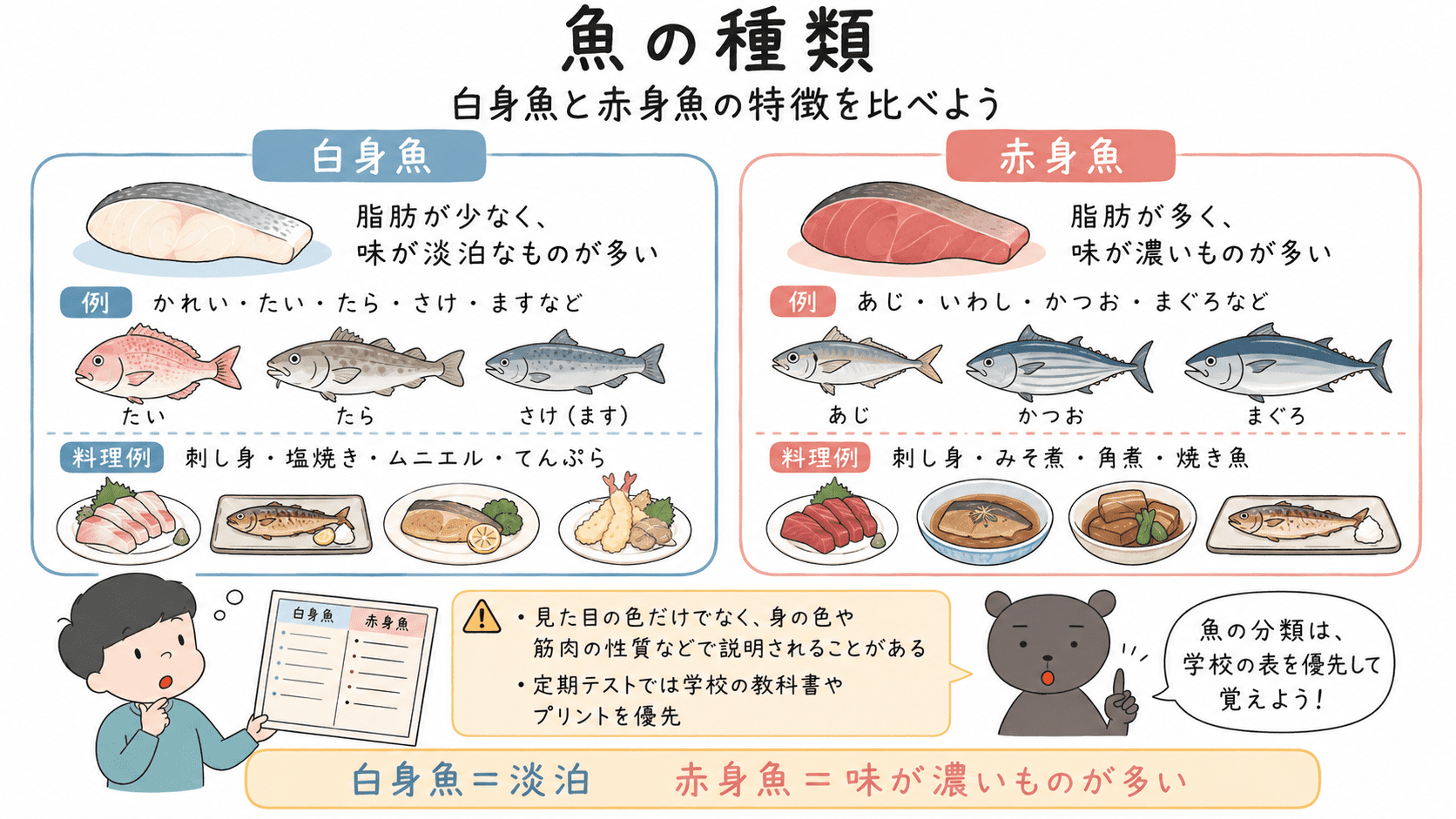 白身魚と赤身魚の特徴、代表例、向いている料理を比較した図解。