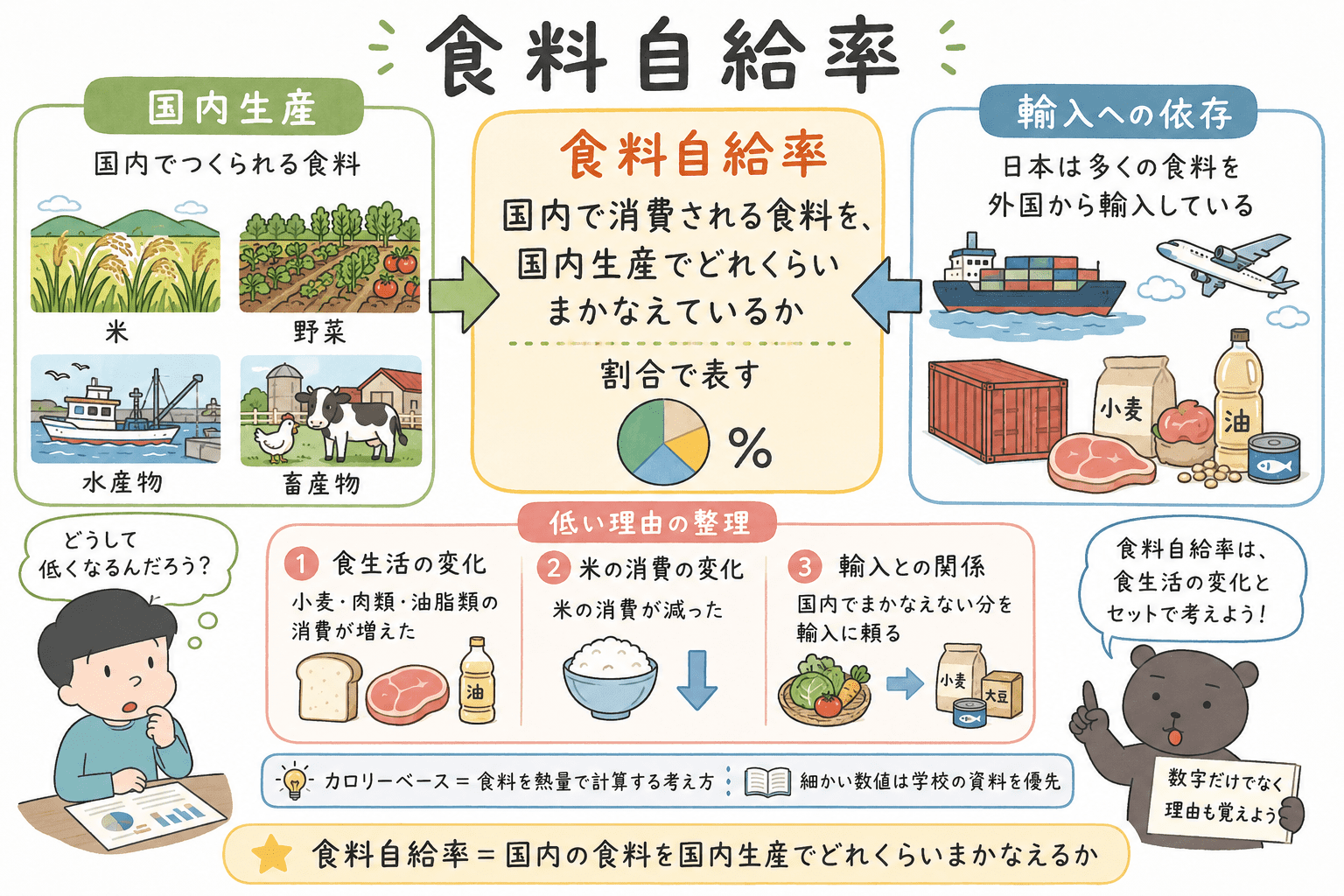 食料自給率とは、国内で消費される食料を国内生産でどれくらいまかなえているかを表す割合であり、日本では食生活の変化や輸入への依存と関係することを示した図解。