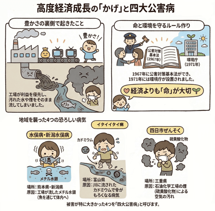 四大公害病について説明する小学生向けの四コマ漫画