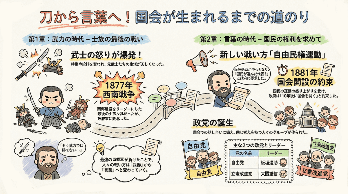 明治時代の士族反乱「西南戦争」と自由民権運動について説明する図解インフォグラフィック