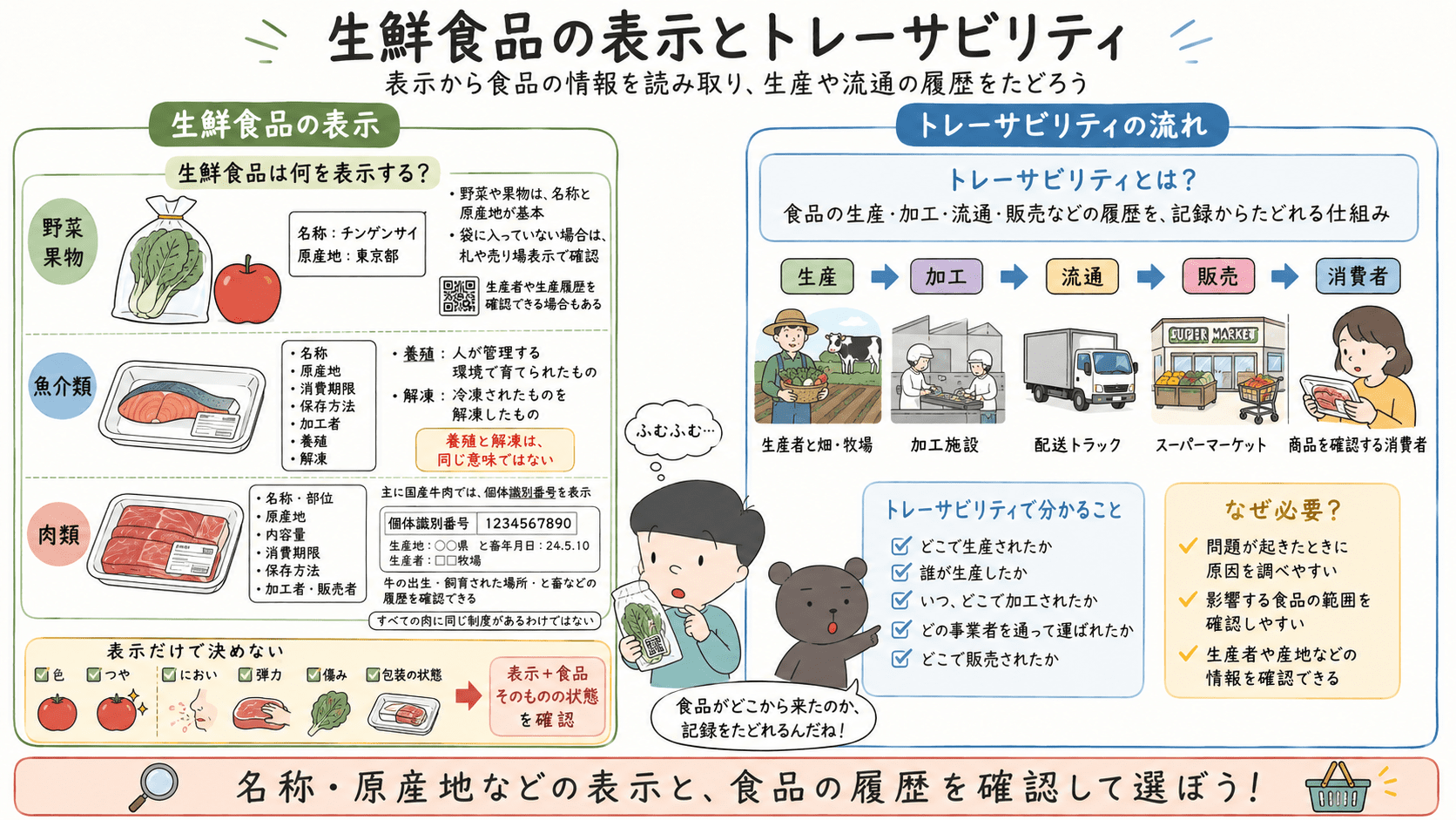 野菜・魚・肉に表示される名称、原産地、養殖、解凍、消費期限、個体識別番号と、生産から販売までの履歴をたどるトレーサビリティを説明した図解。