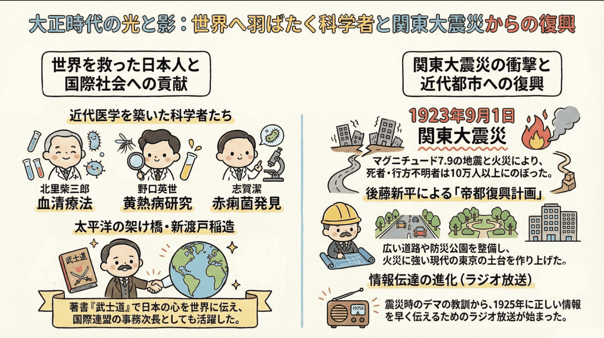 大正時代に活躍した科学者と関東大震災を説明する図解インフォグラフィック