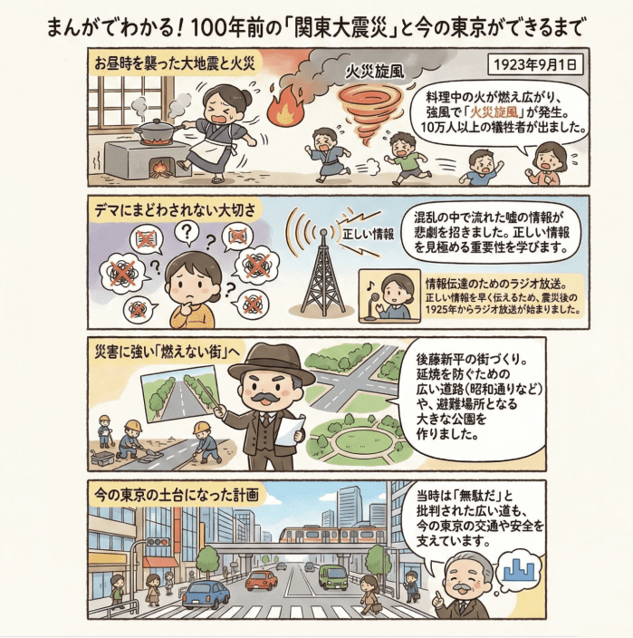 関東大震災について説明する小学生向けの四コマ漫画
