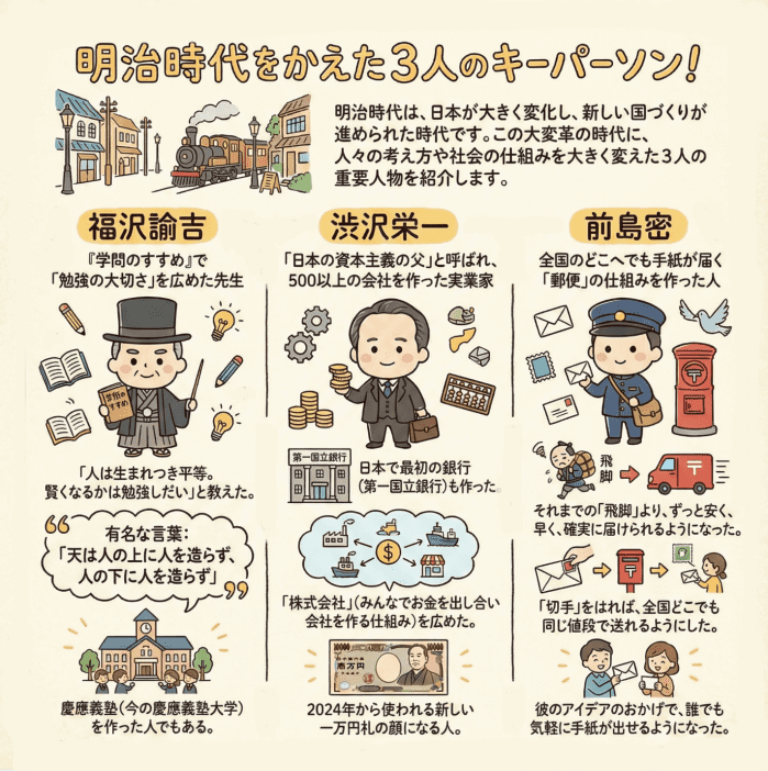 明治時代の偉人「福沢諭吉」「渋沢栄一」「前島密」について説明する図解インフォグラフィック