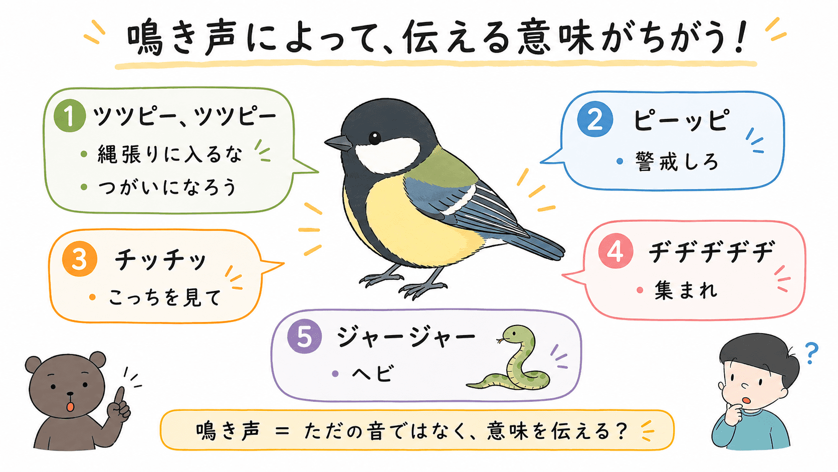 シジュウカラが鳴き声ごとに異なる意味を伝えていることを整理した図解
