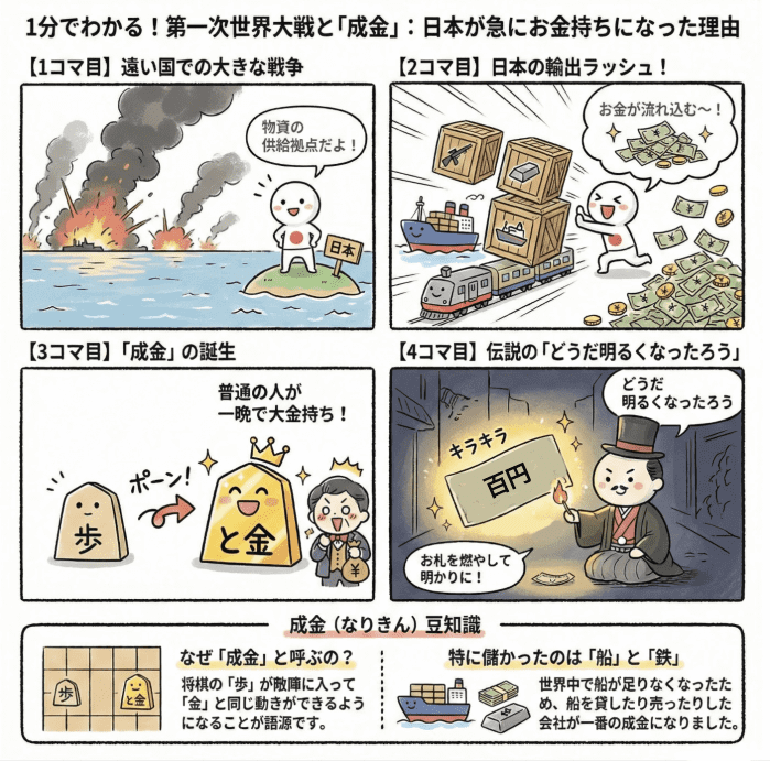 大戦景気について小学生向けに説明する4コマ漫画