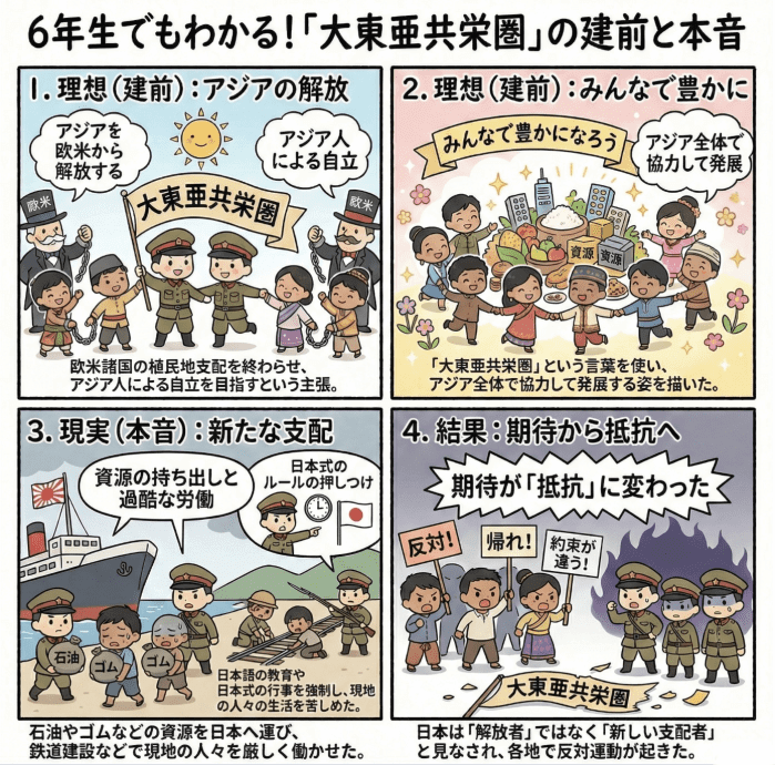 大東亜共栄圏について説明する小学生向けの四コマ漫画