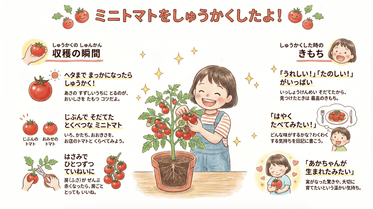 ミニトマトを収穫する際の観察ポイントを説明する図解イラスト