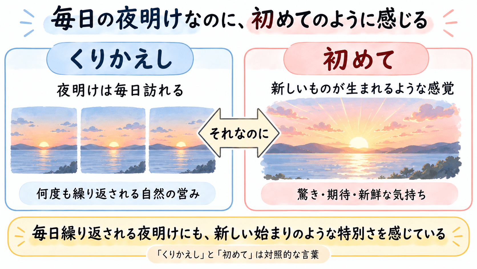 「初日」で毎日繰り返される夜明けと初めての誕生のような新鮮な期待を対比した図解