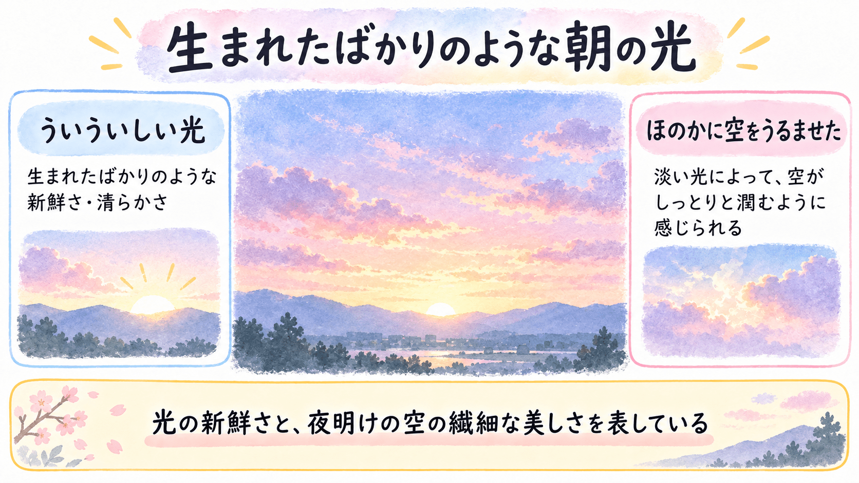 「初日」の「ういういしい光」「ほのかに空をうるませた」という表現が伝える、新鮮で柔らかな夜明けの情景を説明した図解