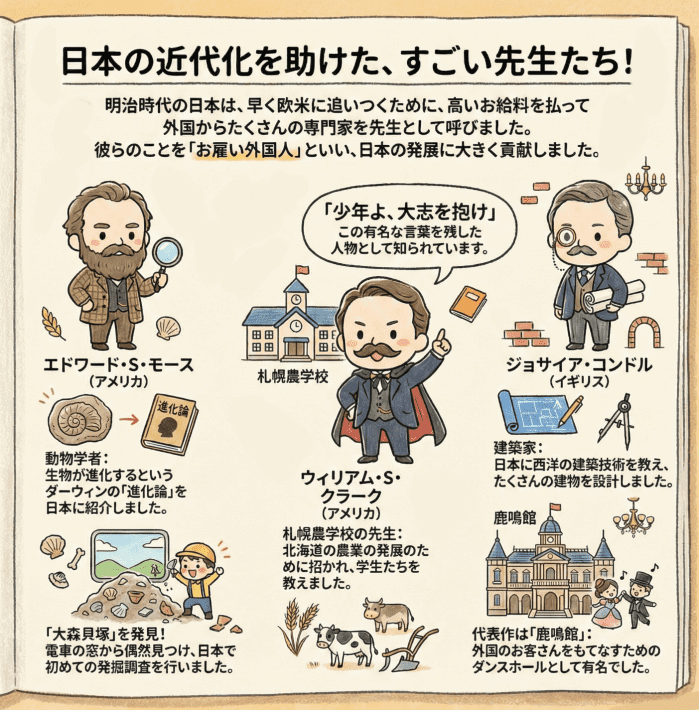 明治時代の日本の近代化を助けた「お雇い外国人」であるエドワード・S・モース、ウィリアム・S・クラーク、チョサイア・コンドルついて説明する図解インフォグラフィック