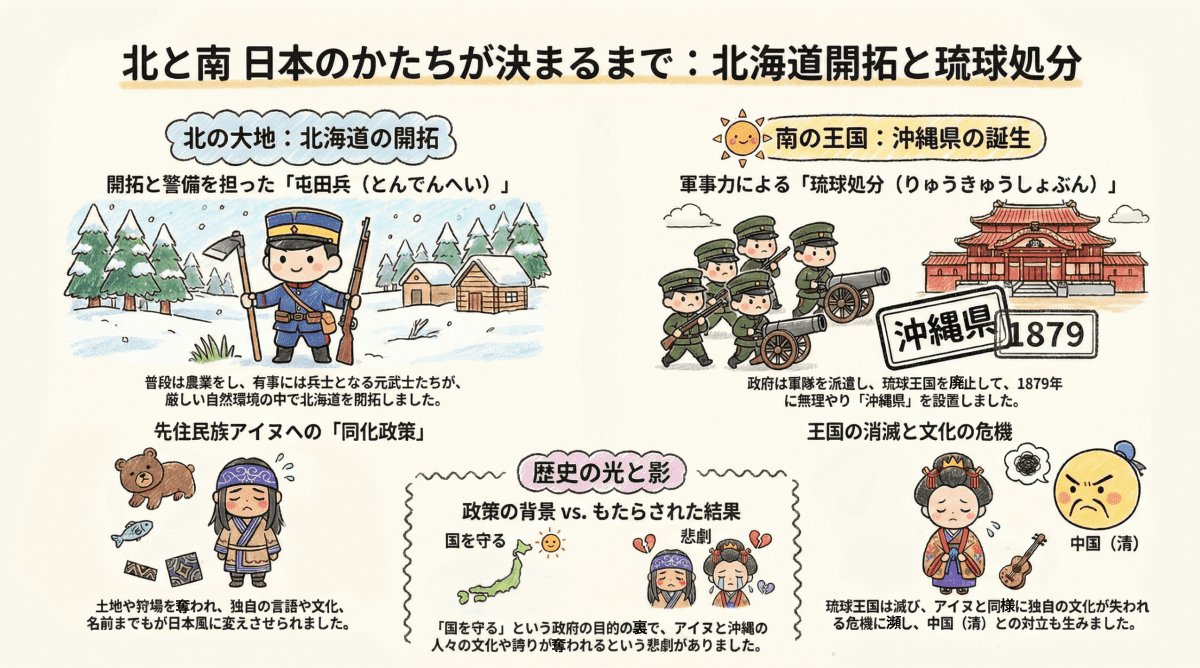 北海道開拓と琉球処分について説明する図解インフォグラフィック
