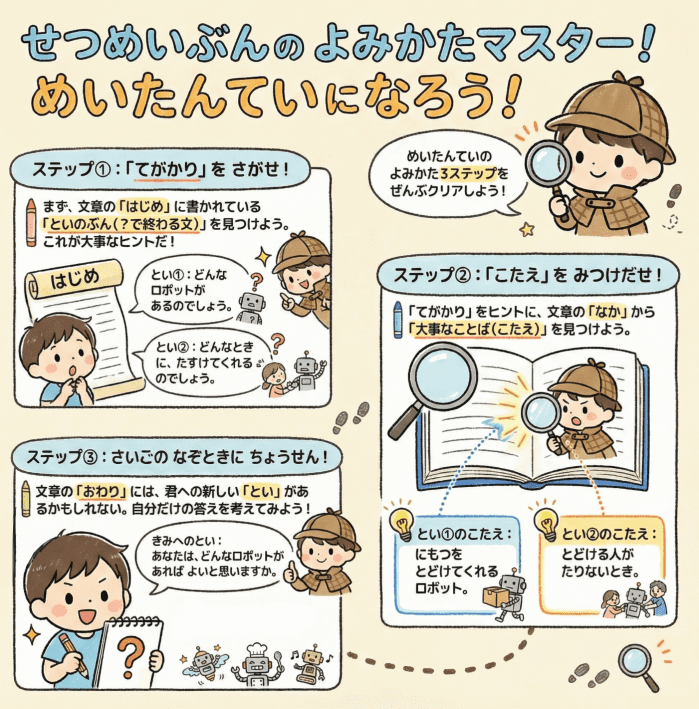 小学校2年生国語の「ロボット」について、説明文の読み方のコツを説明する図解イラスト