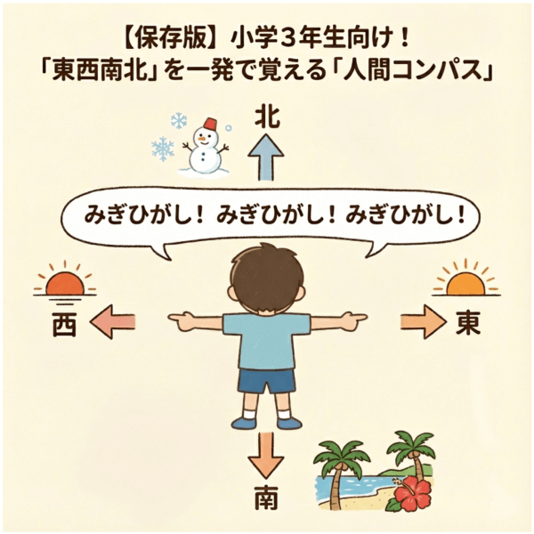 小学校3年生の社会で学習する「東西南北」を一発で覚える「人間コンパス」のやり方を説明する図解イラスト