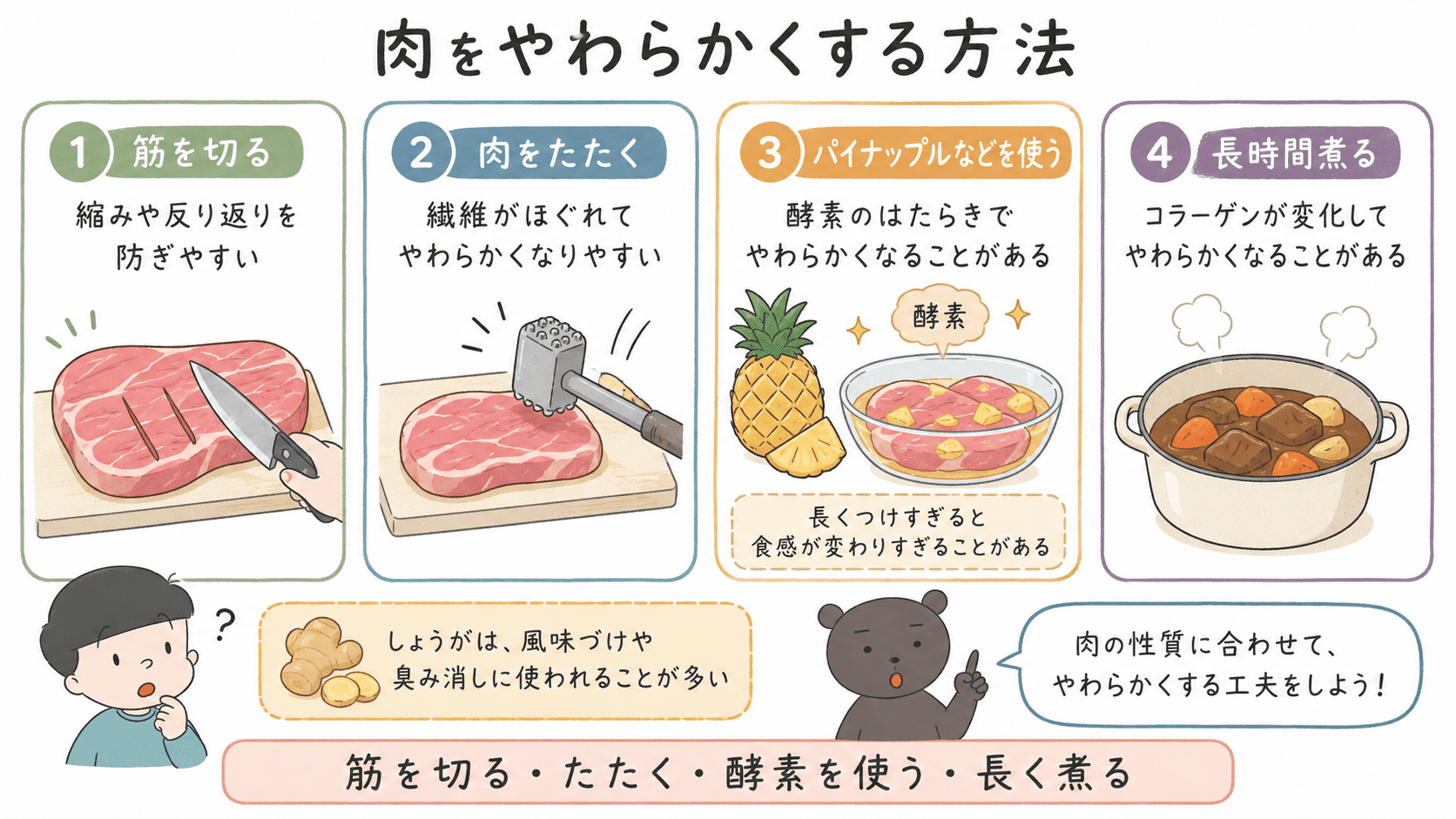 筋を切る、肉をたたく、パイナップルなどを使う、長時間煮るなど、肉をやわらかくする方法を整理した図解。
