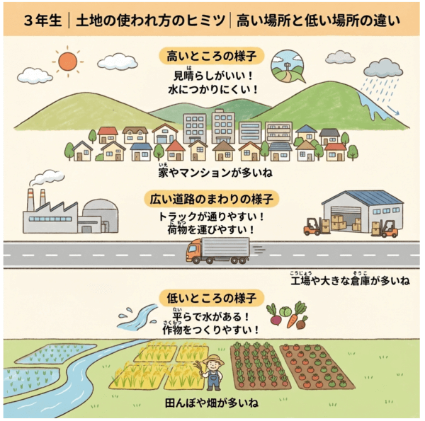 小学校3年生の社会で学習する「土地の使われ方」について、高い場所と低い場所の違いを説明する図解イラスト