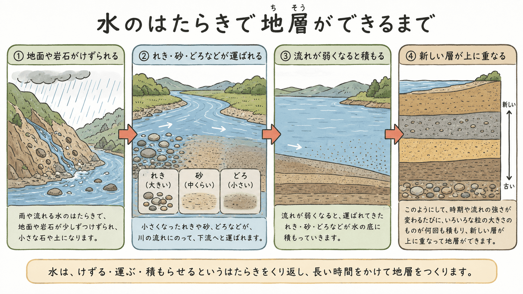 岩石や地面がけずられ、土砂が運ばれて積もり、地層になるまでの流れ