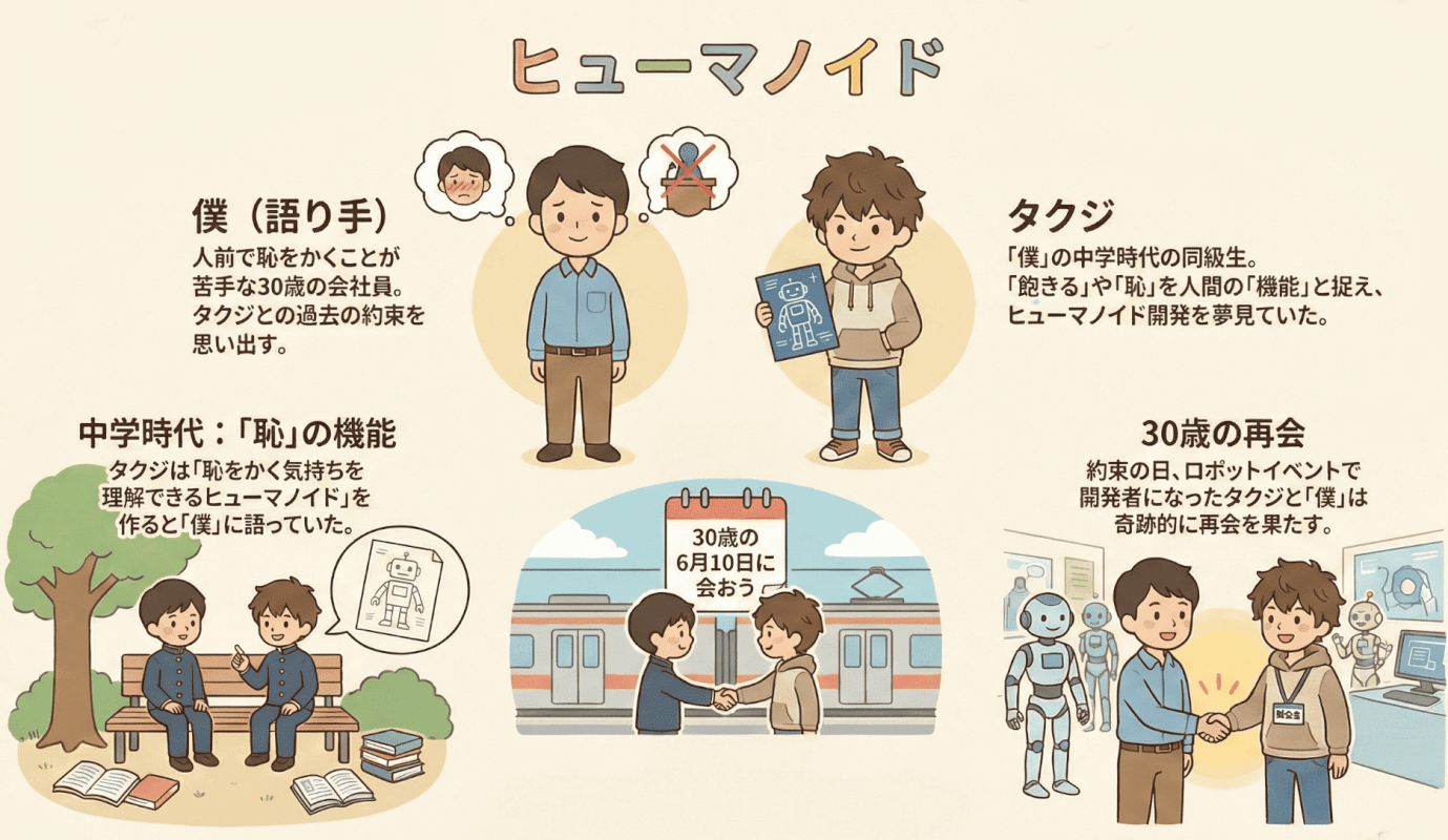 伊坂幸太郎「ヒューマノイド」のあらすじと登場人物の図解インフォグラフィック