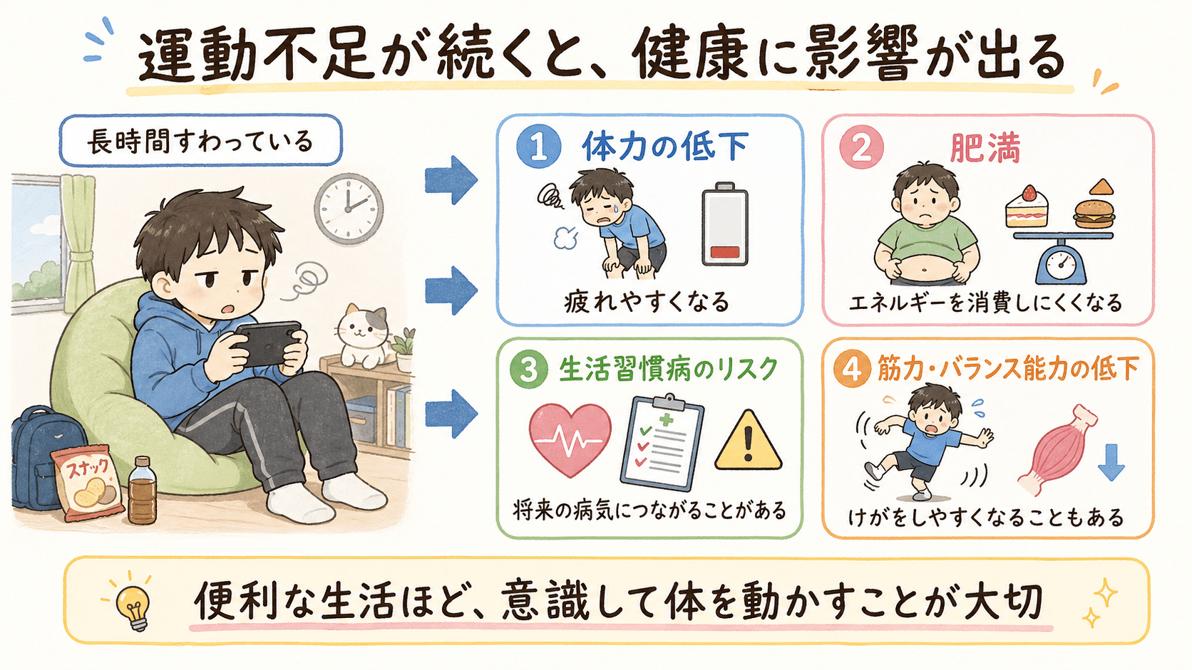 運動不足が体力低下・肥満・生活習慣病・筋力低下につながることを説明する図解イラスト