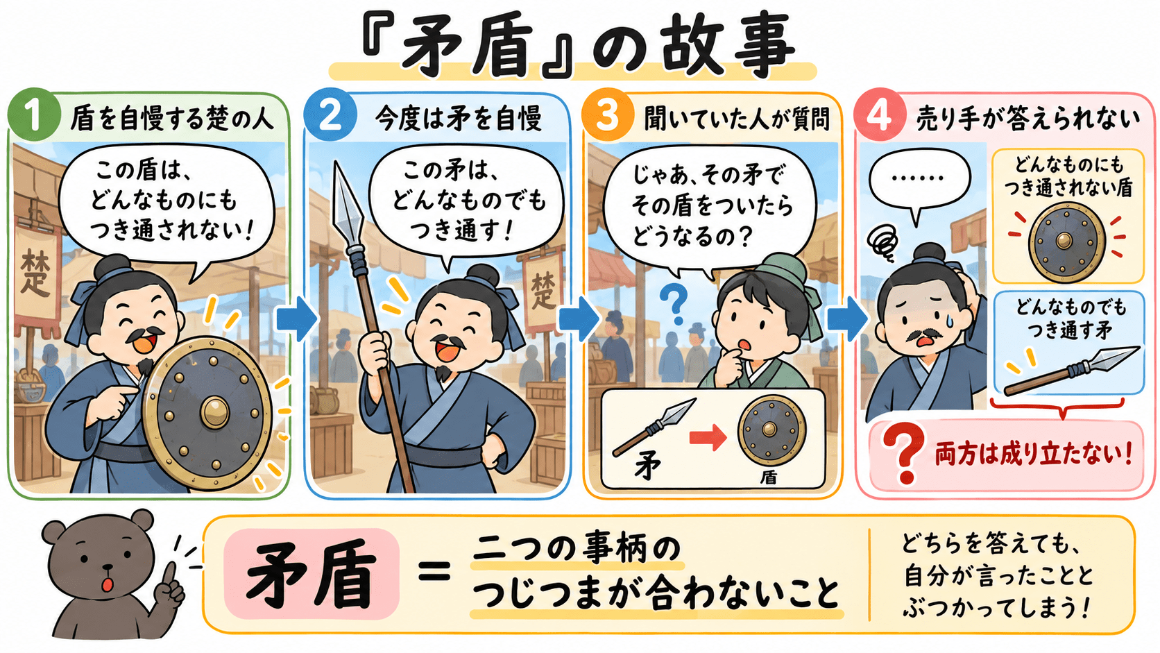 盾はどんなものにもつき通されず、矛はどんなものでもつき通すと売り手が説明し、『その矛でその盾をついたらどうなるのか』と問われて答えられなくなる『矛盾』の故事を示した図解。